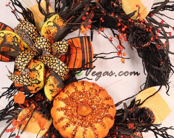 Halloween Wreath Candy Corn Pumpkin, Grapevine Black and Orange Halloween Wreath, Candy Corn Decor, Harvest Blaze Wreath, Autumn Decor