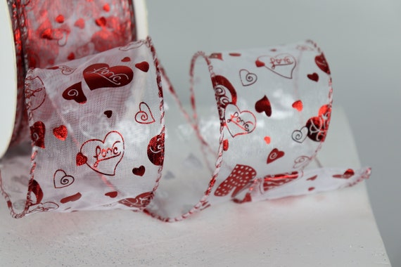 Love Heart Wired Sheer Ribbon, Red Heart Valentines Day Decorations, Wreath Ribbon, Craft Supply, Bow Ribbon, Foil Ribbon, 50 yards, Il_570xn