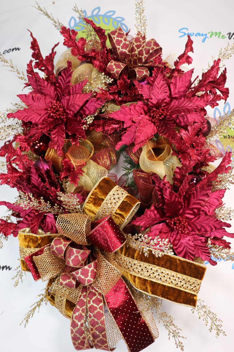 Christmas Wreath Burgundy Gold Classic Christmas Decor image 1
