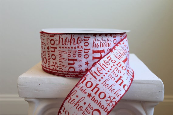 Christmas Wired Ribbon, 50 yard Roll Craft Ribbon, Red and White Printed Holiday Decor, HoHoHo Decorations, Wire Edged Ribbon, Craft Supply Il_570xn