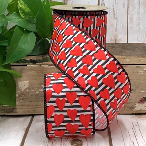 Grosgrain Red Hearts and Stripes, Red Heart Valentines Day Decorations, Wreath Ribbon, Craft Supply, Bow Ribbon, Black White Stripe Ribbon