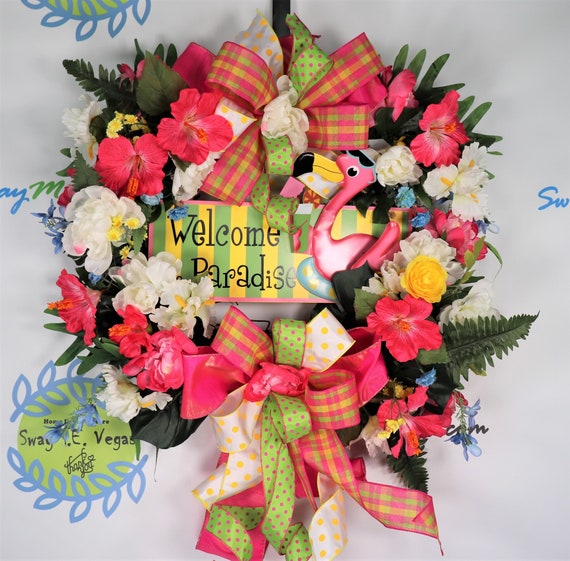 Summer Hibiscus Flamingo Wreath Floral Door Decor Welcome To