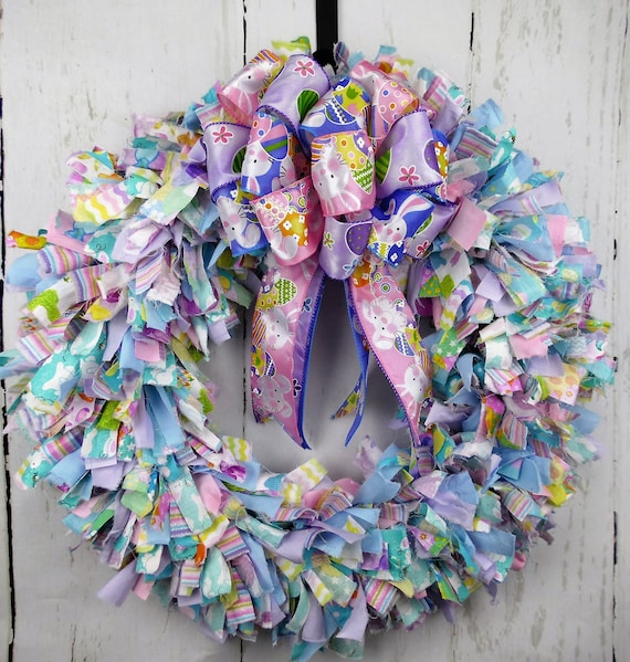 Easter Rag Wreath, Easter Fabric Wreath, Bunny Wreath, Pastel Fabric Wreath, Handmade Easter Wreath, Easter Front Door Decor, Easter Decor Il_570xn