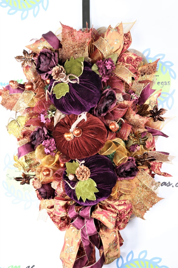 Plum Purple Fall Door Swag Pumpkin Autumn Wreath Elegant Harvest