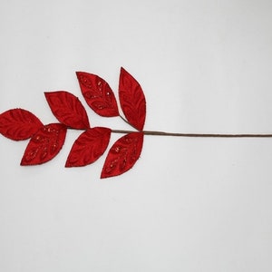 Red Velvet Sequined Leaf Christmas Tree Spray, Christmas pick, Holiday Decoration, Wreath Craft Supply, Tree Topper Decorations