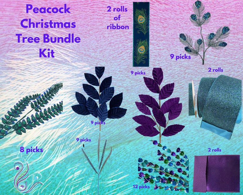 Peacock Christmas Tree Bundle Kit, Purple Blue Teal Green Tree Decor, Vibrant Colored Theme Tree Decorations, Christmas Tree Kit, image 5