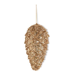 May include: A gold glitter pinecone ornament with a gold string for hanging. The ornament is shaped like a pinecone and covered in gold glitter. This festive decoration is perfect for Christmas or other holiday celebrations.