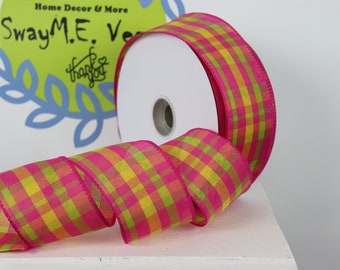 Plaid Pink Yellow Lime Green Wired Ribbon, 50 yard Wired Ribbon, Spring Plaid Ribbon, Summer Plaid Ribbon, Bow Ribbon, Craft Ribbon, Wreath