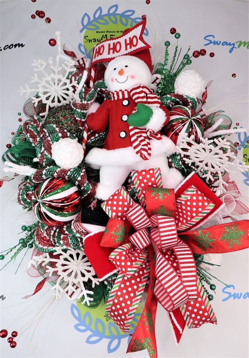 Snowman Christmas Wreath Red Green White Holiday Door Decor image 2