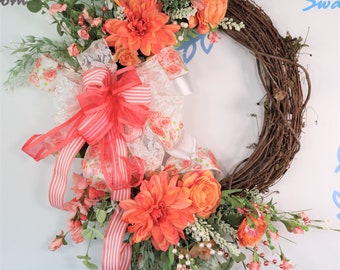 Coral Spring Grapevine Floral Wreath,  Springtime Wreath, Eucalyptus Leaves, Floral Arrangement, Everyday Door Decor, Gift for Her