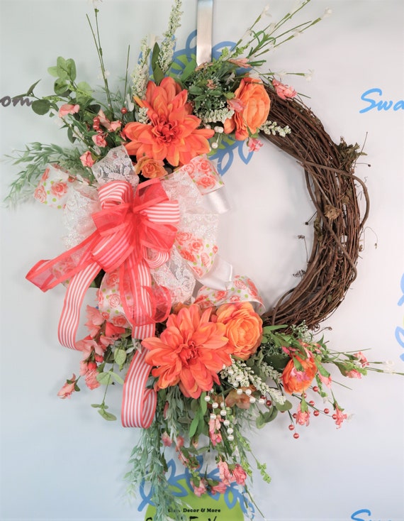 Coral Spring Grapevine Floral Wreath, Springtime Wreath, Eucalyptus Leaves, Floral Arrangement, Everyday Door Decor, Gift for Her Il_570xn
