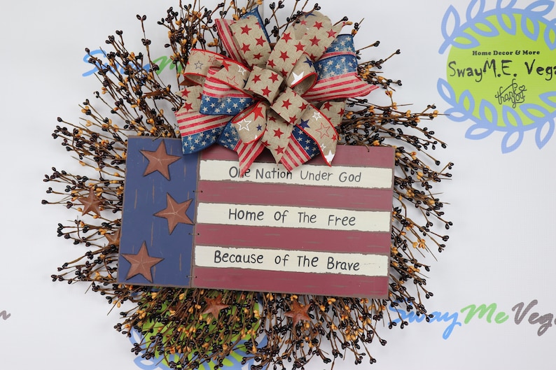 Patriotic Farmhouse Flag Wreath Military Americana Decorations July Fourth Wreath Pip Berry Rustic Decor Bless USA Independence Day