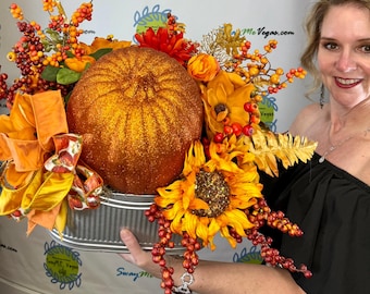 Fall Sunflower Table Centerpiece with Pumpkins: Autumn Floral Arrangement