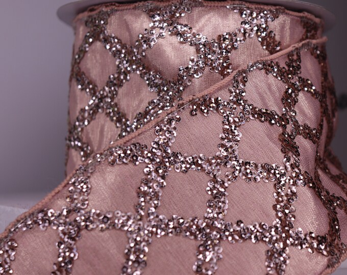 Metallic Diamond Pattern Sequin Pink Christmas Wired Ribbon, Glam ...