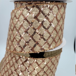 Rose Gold Metallic Diamond Pattern Sequin Christmas Wired Ribbon, Glam Christmas Tree, Luxury Wired Ribbon,  Wreath Craft Supply