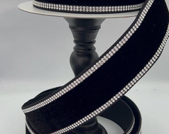 Black Velvet Jeweled Wired Edge Ribbon: Holiday Craft Supply
