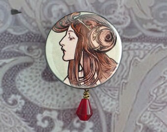 Unique Art Nouveau wearable art button, Alphonse Mucha style, Romantic pinback button, Backpack pin, Creative gift idea for her