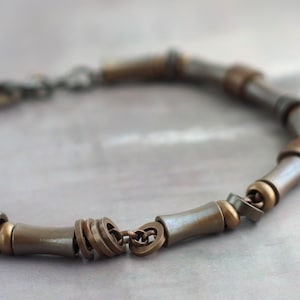 Oxidized solid brass bead and chain bracelet, Heavy brass chain bracelet with slider beads, Chunky metal bracelet, Industrial jewelry