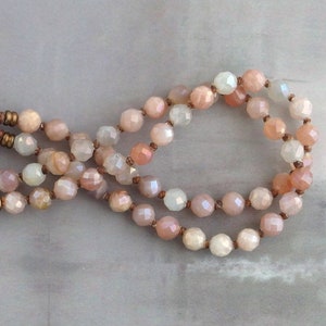 Peach moonstone double strand bracelet, One of a kind knotted stone bracelet, Rustic handmade jewelry, Shimmery bracelet, June birthstone