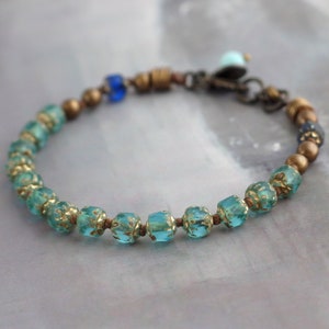 Rustic aqua glass beaded bracelet, Knotted bead bracelet with clasp, Czech glass and brass jewelry, Cowgirl chic jewelry