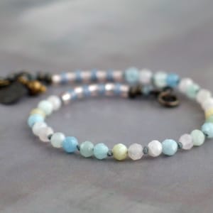 OOAK beryl bracelet with knotted beads, Pastel stone jewelry, Mom to be jewelry, Expectant mother gift, Pink and blue, One of a kind
