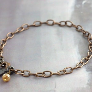 Simple chain bracelet with charm, Solid brass chain jewelry, Lightly oxidized brass, Minimalist gift idea, Brass cable chain bracelet