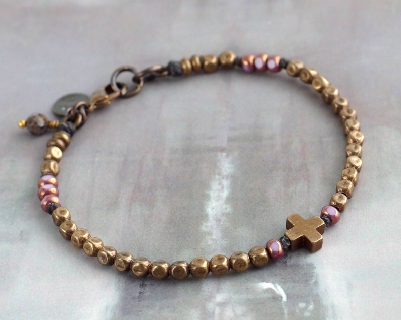 Rustic brass bead jewelry Dainty lilac bracelet for women Plus sign jewelry Minimalist gift idea Simple beaded bracelet with cross