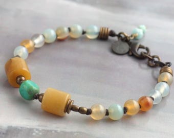 Mustard yellow jade and agate bracelet with turquoise Czech glass beads. Unique beaded bracelet with knotted stones and, Cowgirl jewelry