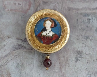 Queen Jane Seymour pin, Historical art button pin, Portrait miniature pin, Unusual pinback button, Inexpensive gift