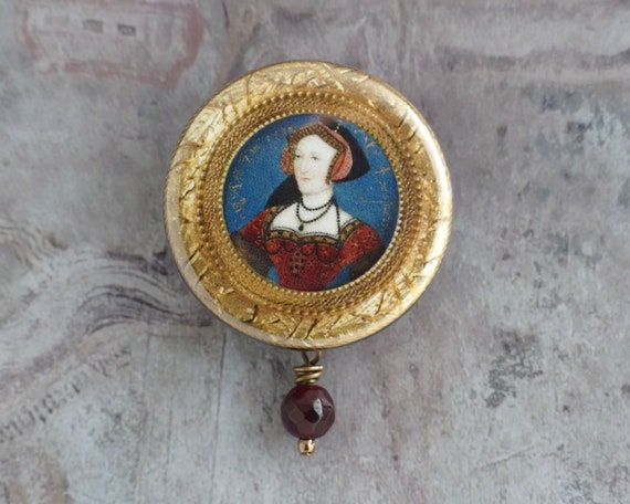 Queen Jane Seymour pin, Historical art button pin, Portrait miniature pin, Unusual pinback button, Inexpensive gift