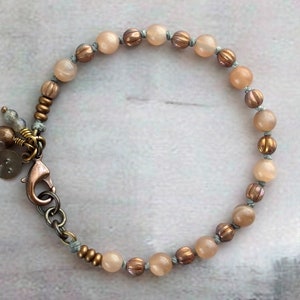 OOAK rustic peach moonstone beaded bracelet, Czech glass, gemstone jewelry, Gift idea for women, Dreamy jewelry for her June birthstone