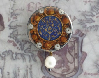 Blue and gold renaissance pin button, Unique pearl jewelry gift for her, Unusual backpack pin, Inexpensive present for women, Button art
