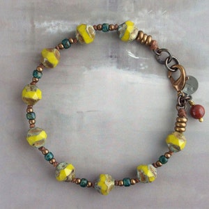 Lemon yellow Czech glass bracelet, One of a kind beaded jewelry for women, Brass and turquoise seed bead bracelet, Urban cowgirl gift