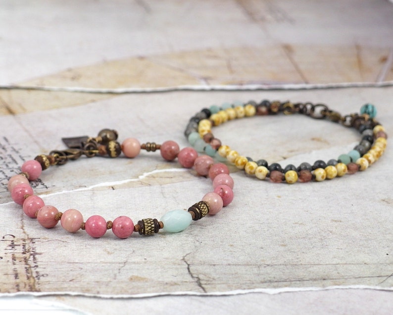 Pink rhodonite and amazonite jewelry stack OOAK Multi gemstone bracelet SET Natural blue labradorite One of a kind gift for women