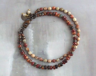 OOAK double strand jasper bracelet, Rustic stone jewelry for urban cowgirls, Knotted bead bracelet, Boho gift idea for her