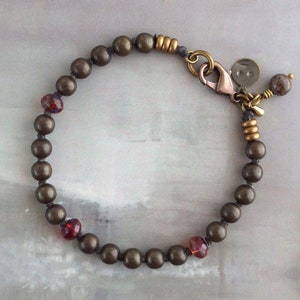 Simple solid brass bracelet with czech glass beads, Oxidized metal jewelry, Czech bead bracelet, Rustic jewelry gift for her, Cowgirl chic
