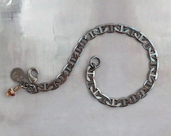 Oxidized brass chain bracelet with ornate links, Flat link metal bracelet with clasp, Solid brass chain jewelry, Rustic gift for her