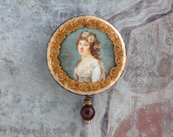 Portrait miniature pinback button, 1700s art button with stone bead, Inexpensive gifts for her, Unusual button jewelry with woman