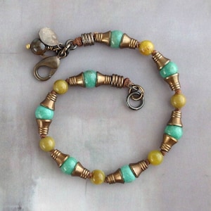 Knotted gemstone and brass bracelet with chrysoprase and green opalite, One of a kind jewelry gift for her, Rustic solid brass bracelet