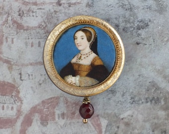 Miniature portrait of Queen Katherine Howard, Antique art pinback button, History lovers gift idea, Unique button for backpack, Pin of woman
