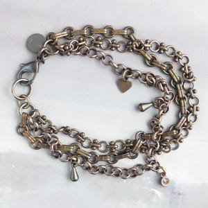 multi strand brass chain bracelet, Oxidized solid brass bracelet with charms, Stacking bracelet with clasp,