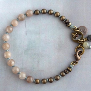 OOAK peach moonstone bracelet with clasp, Unique beaded gemstone jewelry, Romantic gift for her, Handmade present for friend, June bracelet