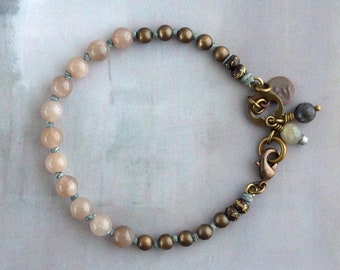 OOAK peach moonstone bracelet with clasp, Unique beaded gemstone jewelry, Romantic gift for her, Handmade birthday present for friend