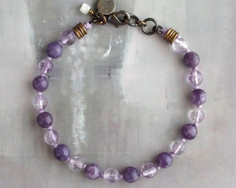 Purple lepidolite and amethyst bracelet with clasp, Knotted stone bracelet, Rustic purple jewelry, February birthstone, February jewelry