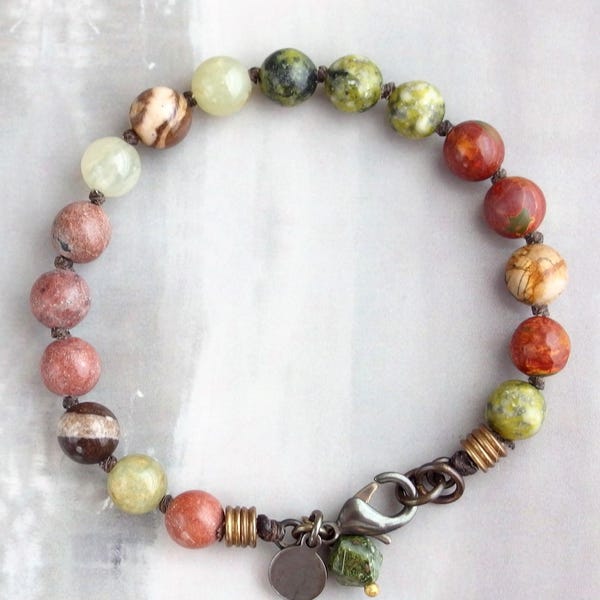 Rustic multi gemstone bracelet with knotted beads and clasp, Natural jasper, jade, serpentine. Earth-tone reds and greens bold stone jewelry
