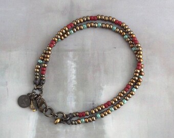 Red and turquoise seed bead bracelet with solid brass beads, Double strand clasp bracelet, Rustic jewelry, OOAK gift for boho cowgirls