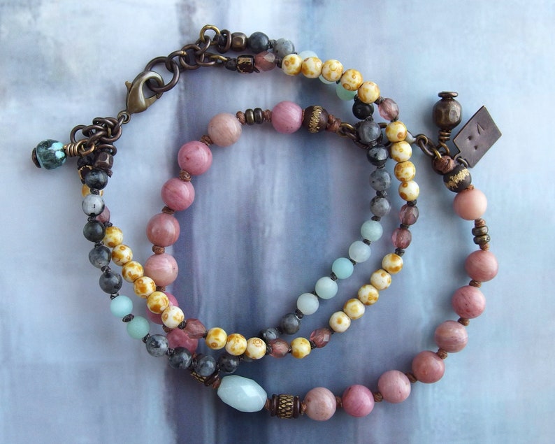 Pink rhodonite and amazonite jewelry stack OOAK Multi gemstone bracelet SET Natural blue labradorite One of a kind gift for women