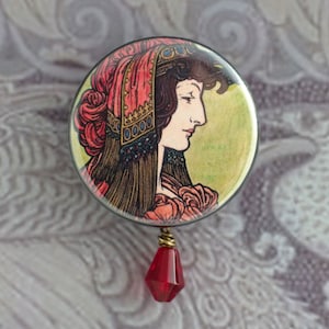 Art nouveau woman art button, Alphonse Mucha pin, Creative pinback button, Wearable art, Unique brooch, Inexpensive gifts for best friend