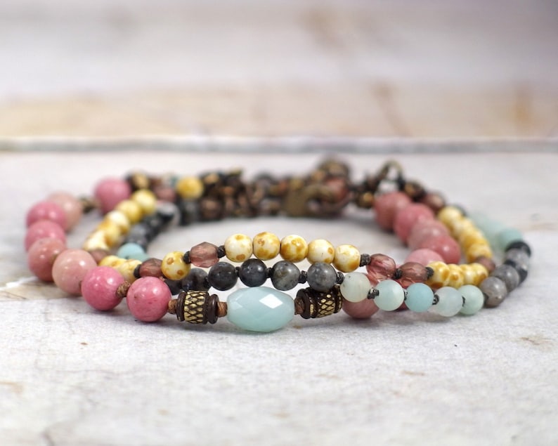 Pink rhodonite and amazonite jewelry stack OOAK Multi gemstone bracelet SET Natural blue labradorite One of a kind gift for women