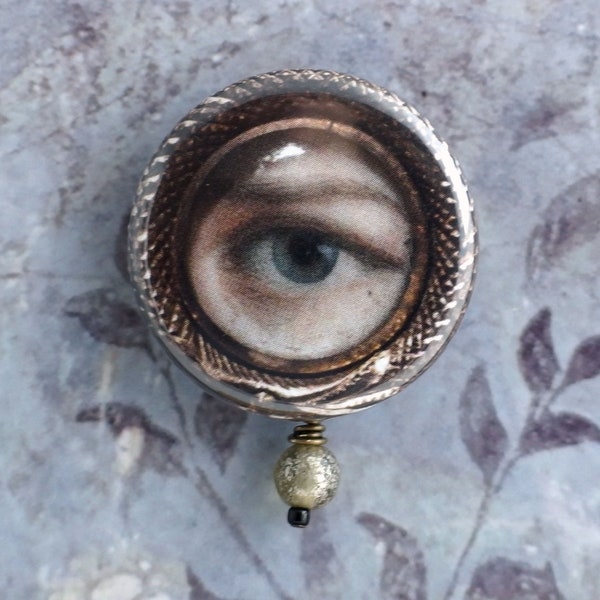 Lovers eye miniature pinback button with Czech glass, Victorian eye jewelry, Unusual gift for sweetheart, Unique button for art lovers